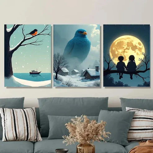 3pcs Winter Scene Blue Bird, And Moonlit Snow Wall Art Set Canvas Unframed - High Quality Print 100% Australian Made Wall Canvas