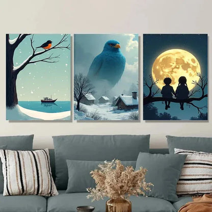 3pcs Winter Scene Blue Bird, And Moonlit Snow Wall Art Set Canvas Unframed - High Quality Print 100% Australian Made Wall Canvas