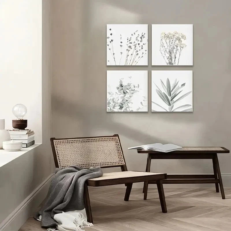 4pcs Green Plant Black And Gray Wall Set Wall Art Canvas Framed