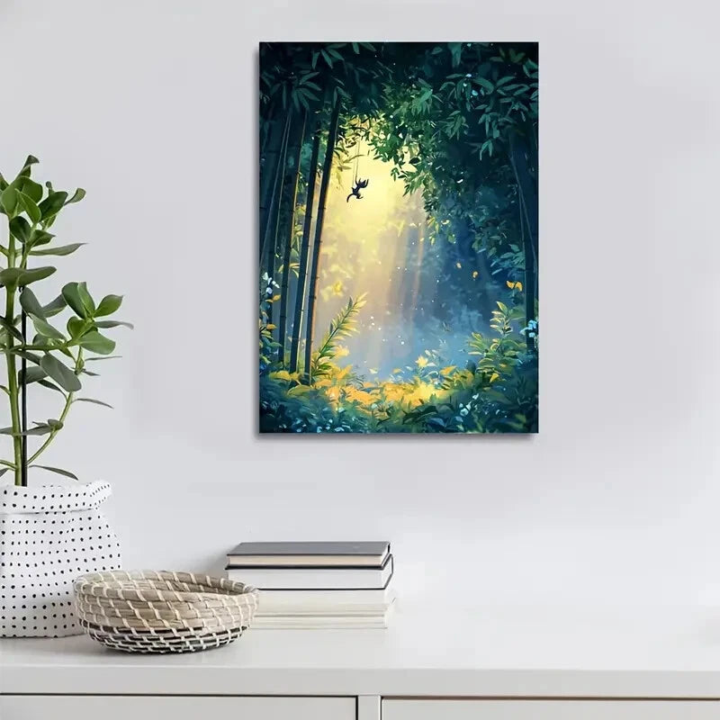 Serene Bamboo Grove with Squirrel Swing Painting 40x60cm Metal Print Ready to Hang - Bella Home Decor
