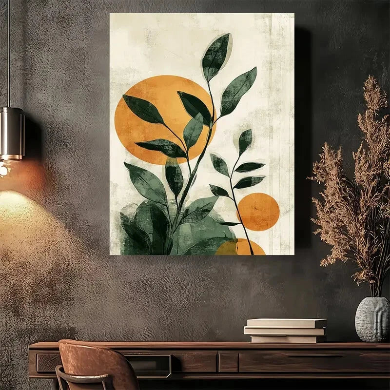Beautiful Abstract Plant Green Leaves Orange Painting 40x60cm Metal Print Ready to Hang - Bella Home Decor