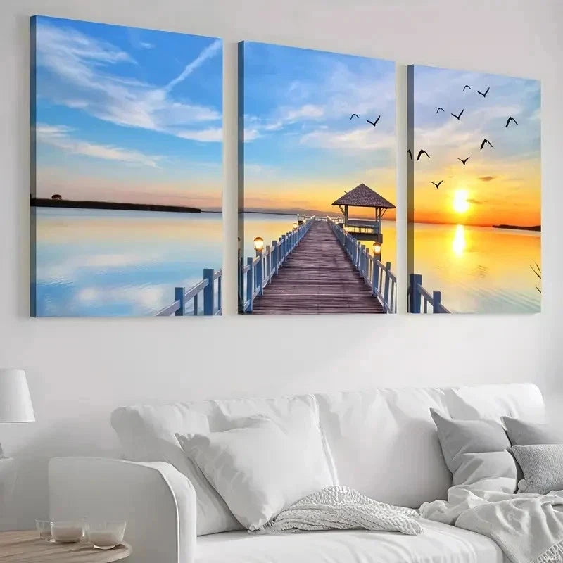 3pcs Bridge By The Seaside And A Sunset Perfect Wall Art Set Canvas Framed 40x60cm - High Quality Print 100% Australian Made Wall Canvas Ready to Hang - Bella Home Decor
