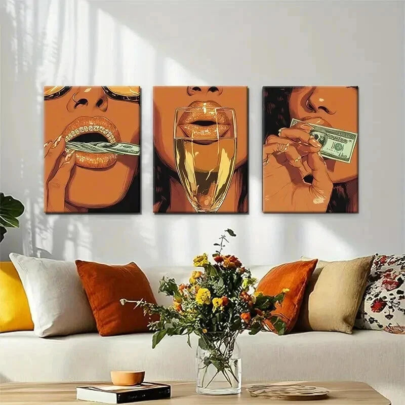 3pcs Luxury Lifestyle Bold Pop Lips Perfect Wall Art Set Canvas Framed 60x90cm - High Quality Print 100% Australian Made Wall Canvas Ready to Hang - Bella Home Decor