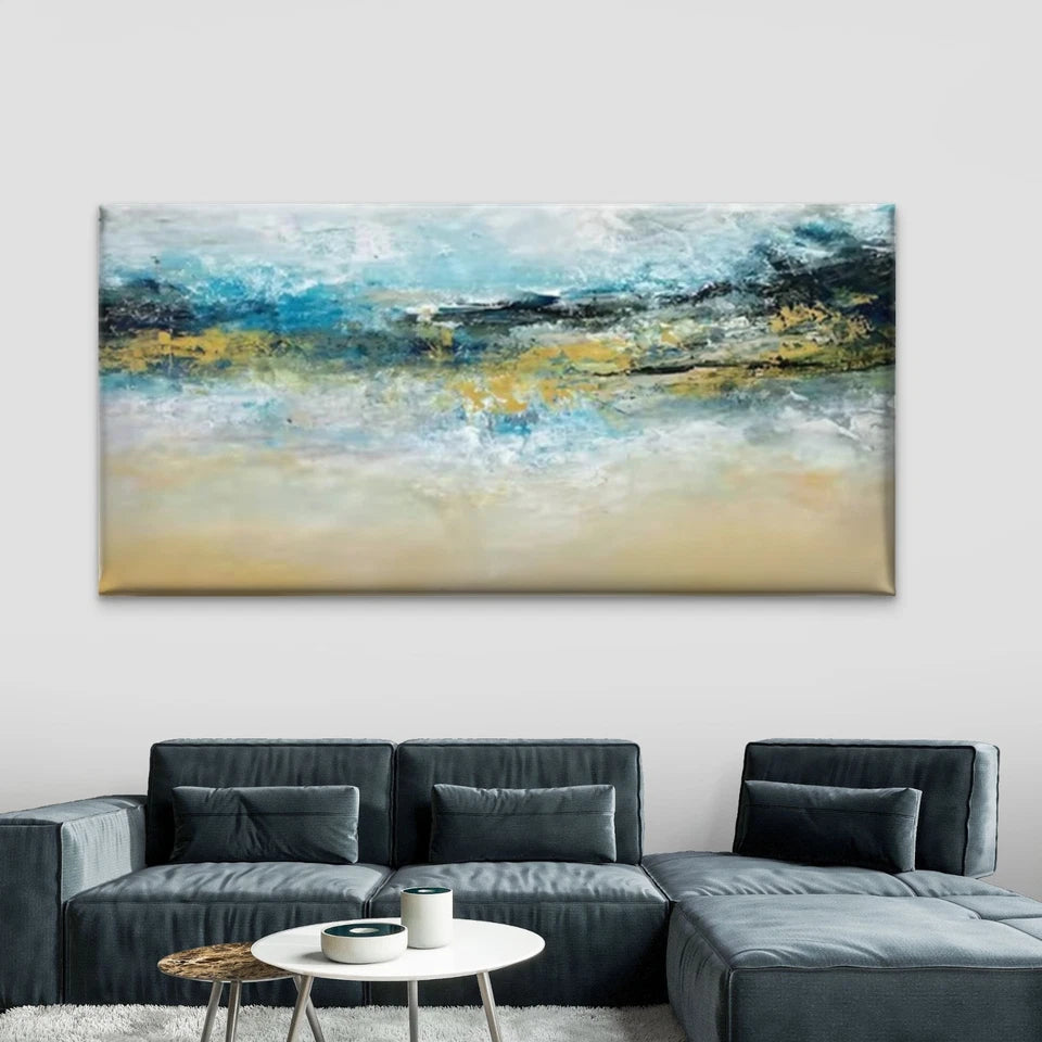 Abstract Blue Golden Beige Wall Art Canvas Office Home Room Framed 120x60cm - Bella Home Decor