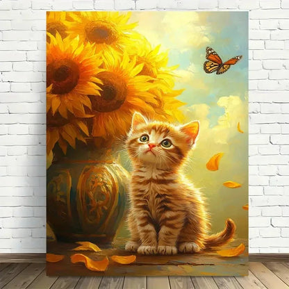 Beautiful Whimsical Kitten with Sunflowers Painting 40x60cm Metal Print Ready to Hang