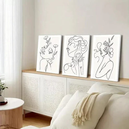 3pcs Minimalist Woman Flower Line Canvas Framed 60X90 cm - High Quality Print 100% Australian Made Wall Canvas Ready to Hang - Bella Home Decor