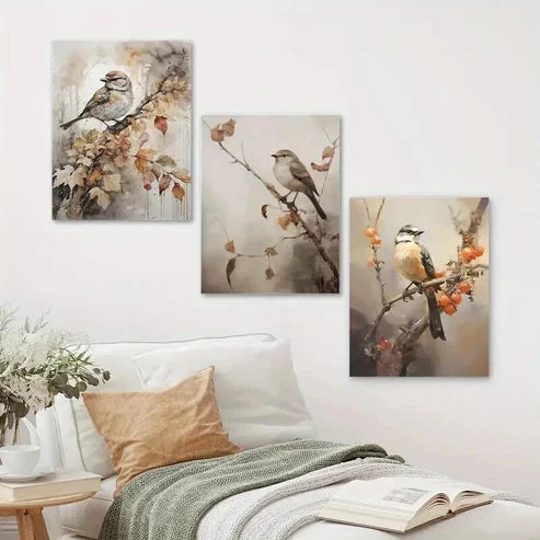 3pcs Cartoon Autumn Birds Deco Classic Wall Art Set Canvas Unframed - High Quality Print 100% Australian Made Wall Canvas - Bella Home Decor