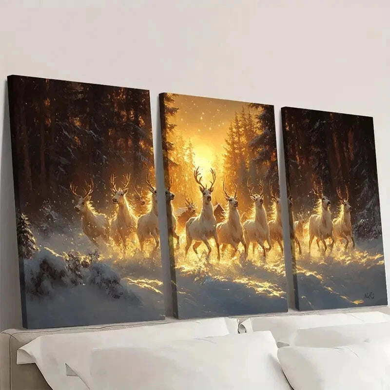 3pcs Charming Winter Village with Snow Deer Wall Art Set Canvas Framed 60x90cm - High Quality Print 100% Australian Made Wall Canvas Ready to Hang - Bella Home Decor
