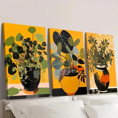 3pcs Green Leaves Plant Pot Painting Wall Art Set Canvas Unframed - High Quality Print 100% Australian Made Wall Canvas