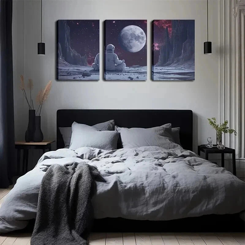 3pcs Moon And Planets Meditating Décor Perfect Wall Art Set Canvas Framed 50x70cm - High Quality Print 100% Australian Made Wall Canvas Ready to Hang - Bella Home Decor