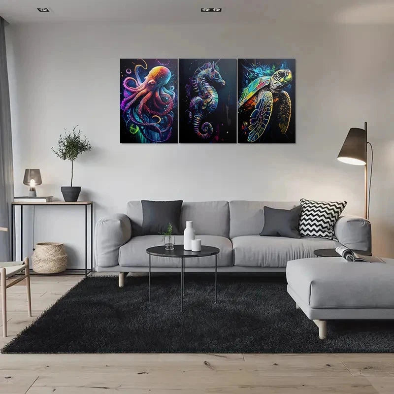 3pcs Colorful Sea Life Octopus Seahorse Turtle Metal Print Ready to Hang Art - Bella Home Decor