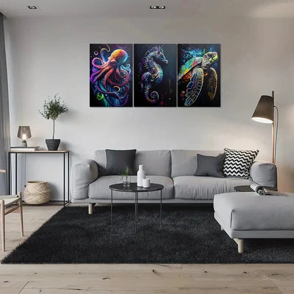 3pcs Colorful Sea Life Octopus Seahorse Turtle Metal Print Ready to Hang Art - Bella Home Decor
