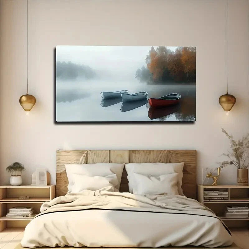 Boats and Misty Autumn Foliage Wall Art Canvas Office Home Room Framed 120x60cm - Bella Home Decor