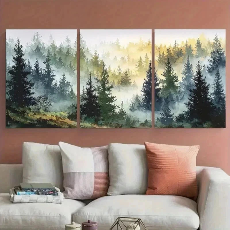 3pcs Foggy Morning Forest Giclée Perfect Wall Art Set Canvas Framed 40x60cm - High Quality Print 100% Australian Made Wall Canvas Ready to Hang