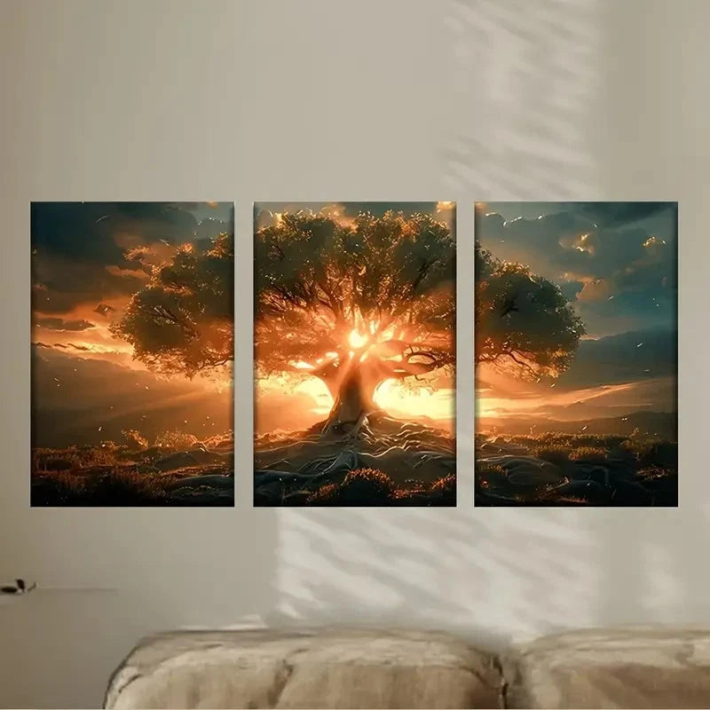 3pcs a tree with the sun shining through it Wall Art Set Canvas Framed 50x70cm - High Quality Print 100% Australian Made Wall Canvas Ready to Hang - Bella Home Decor