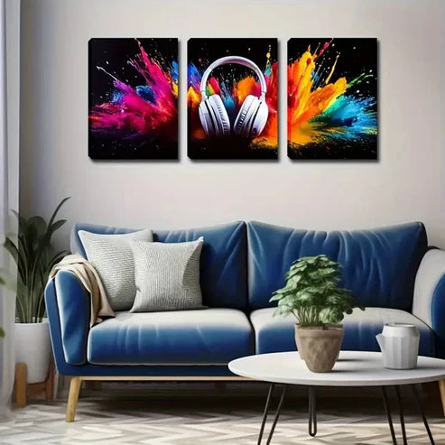 3pcs Vibrant Headphone Explosion Wall Art Set Canvas Unframed - High Quality Print 100% Australian Made Wall Canvas