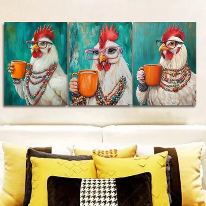 3pcs Hens Wear Glasses To Drink Water Wall Art Set Wall Art Canvas Unframed - High Quality Print 100% Australian Made Wall Canvas