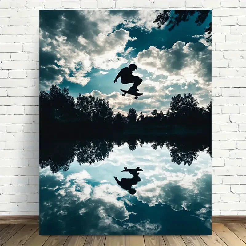 Beautiful Skateboarder Reflection On Calm Painting 40x60cm Metal Print Ready to Hang - Bella Home Decor