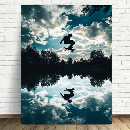 Beautiful Skateboarder Reflection On Calm Painting 40x60cm Metal Print Ready to Hang - Bella Home Decor