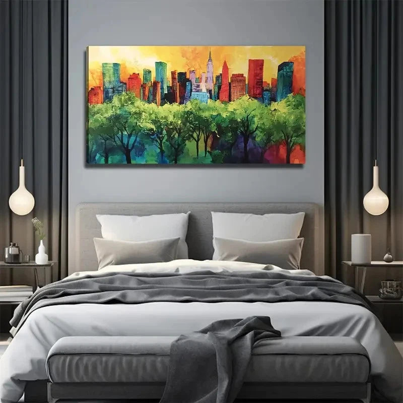 Modern Cityscape & Greenery Wall Art Canvas Office Home Room Framed 120x60cm