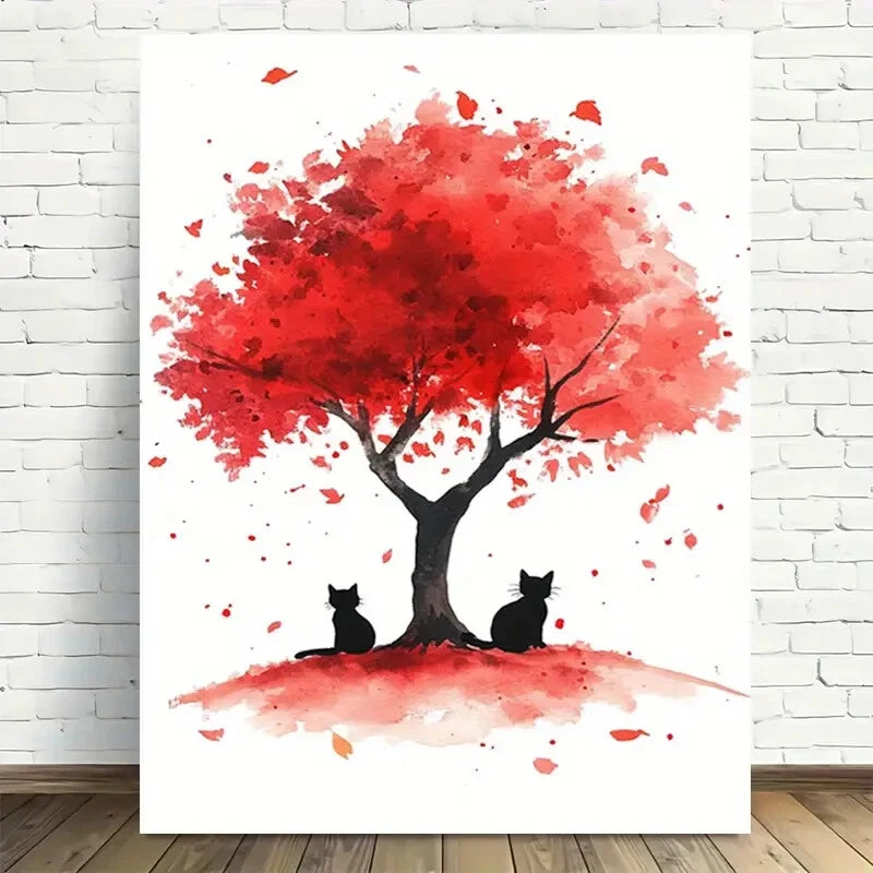Beautiful Autumn Cats Under Red Tree Painting 40x60cm Metal Print Ready to Hang - Bella Home Decor