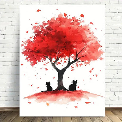 Beautiful Autumn Cats Under Red Tree Painting 40x60cm Metal Print Ready to Hang - Bella Home Decor