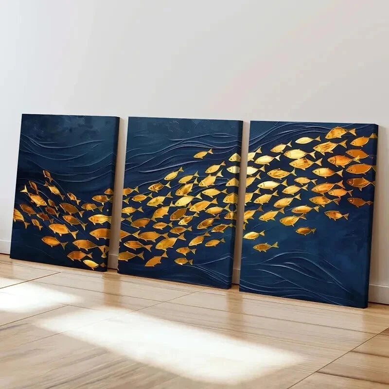 3pcs Abstract Golden Fish & Ocean Waves Wall Art Set Canvas Framed 60x90cm - High Quality Print 100% Australian Made Wall Canvas Ready to Hang - Bella Home Decor