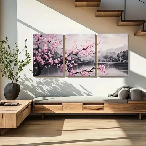 3pcs Cherry Blossoms Lake & Mountain Landscape Wall Art Canvas Unframed - High Quality Print 100% Australian Made Wall Canvas - Bella Home Decor