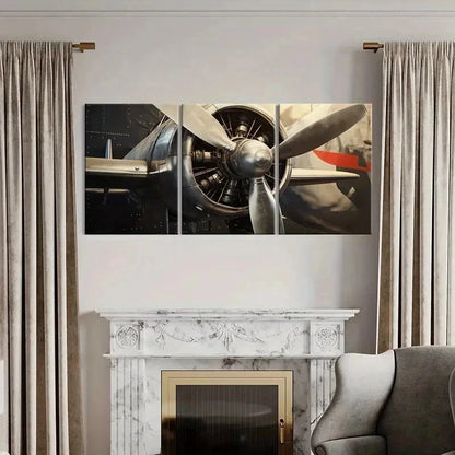 3pcs Airplane Propeller Engine Vintage Wall Art Set Canvas Framed 50x70cm - High Quality Print 100% Australian Made Wall Canvas Ready to Hang - Bella Home Decor