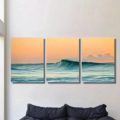 3pcs Ocean Waves and Orange Sky Landscape Wall Art Set Canvas Unframed - High Quality Print 100% Australian Made Wall Canvas