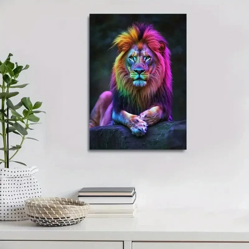 Beautiful Contemporary Colorful Lion Painting 40x60cm Metal Print Ready to Hang - Bella Home Decor