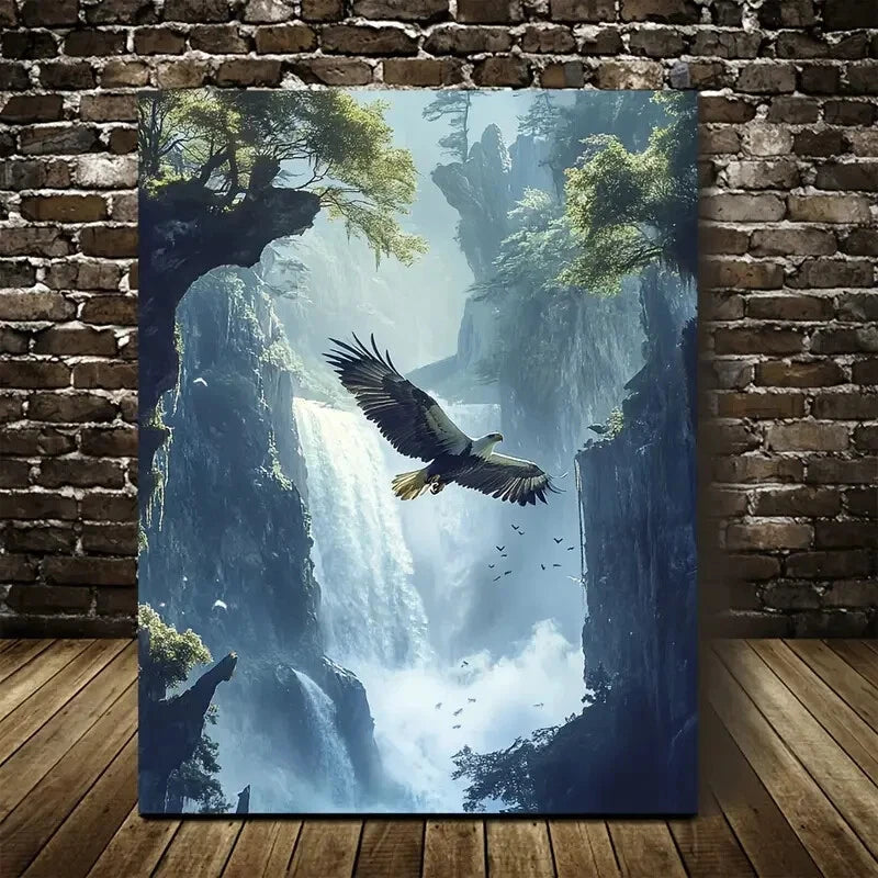 Dreamlike Eagle & Waterfall Scene Painting 40x60cm Metal Print Ready to Hang - Bella Home Decor
