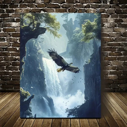 Dreamlike Eagle & Waterfall Scene Painting 40x60cm Metal Print Ready to Hang - Bella Home Decor