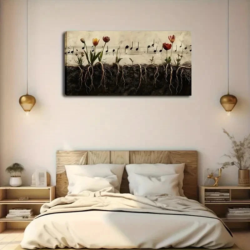 Vibrant Tulips & Music Notes Wall Art Canvas Office Home Room Framed 120x60cm - Bella Home Decor