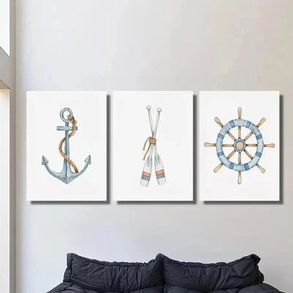 3pcs Sailboat Anchor Paddle Rudder Wall Art Set Canvas Framed 50x70cm - High Quality Print 100% Australian Made Wall Canvas Ready to Hang