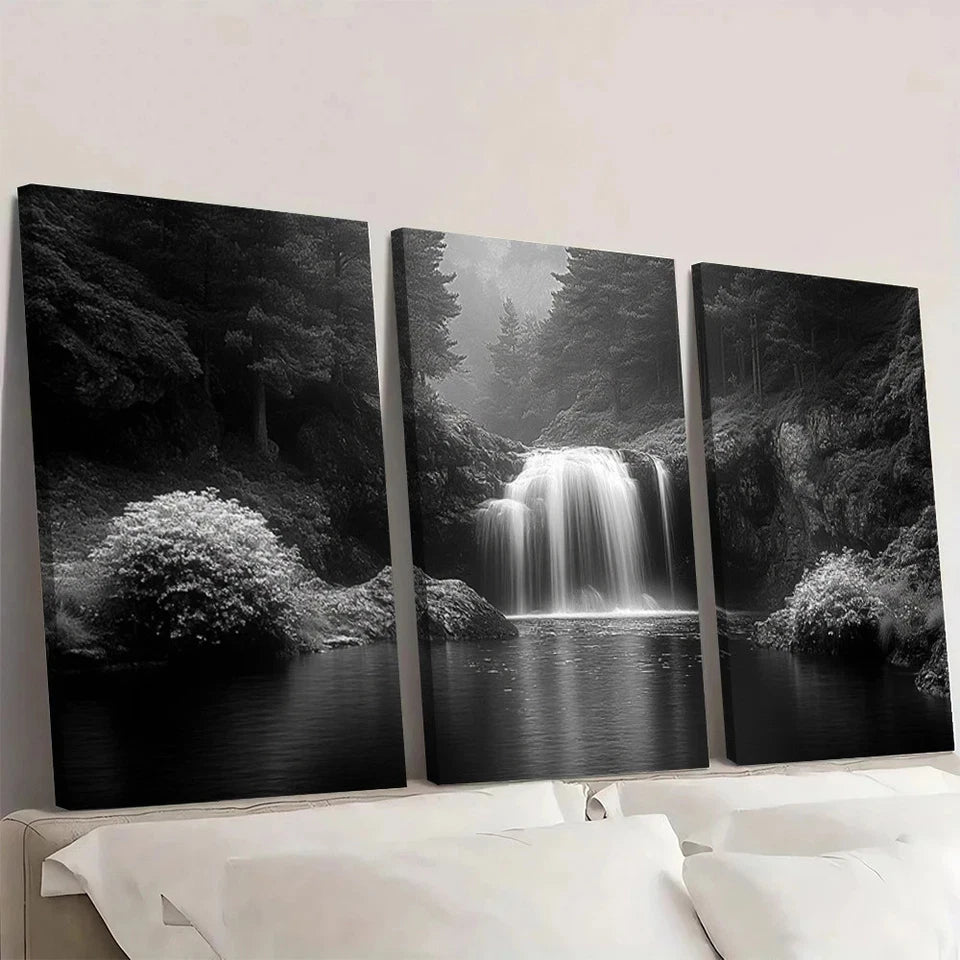3pcs Black and White Waterfall Serene Forest Wall Art Set Canvas Framed 60x90cm - High Quality Print 100% Australian Made Wall Canvas Ready to Hang - Bella Home Decor