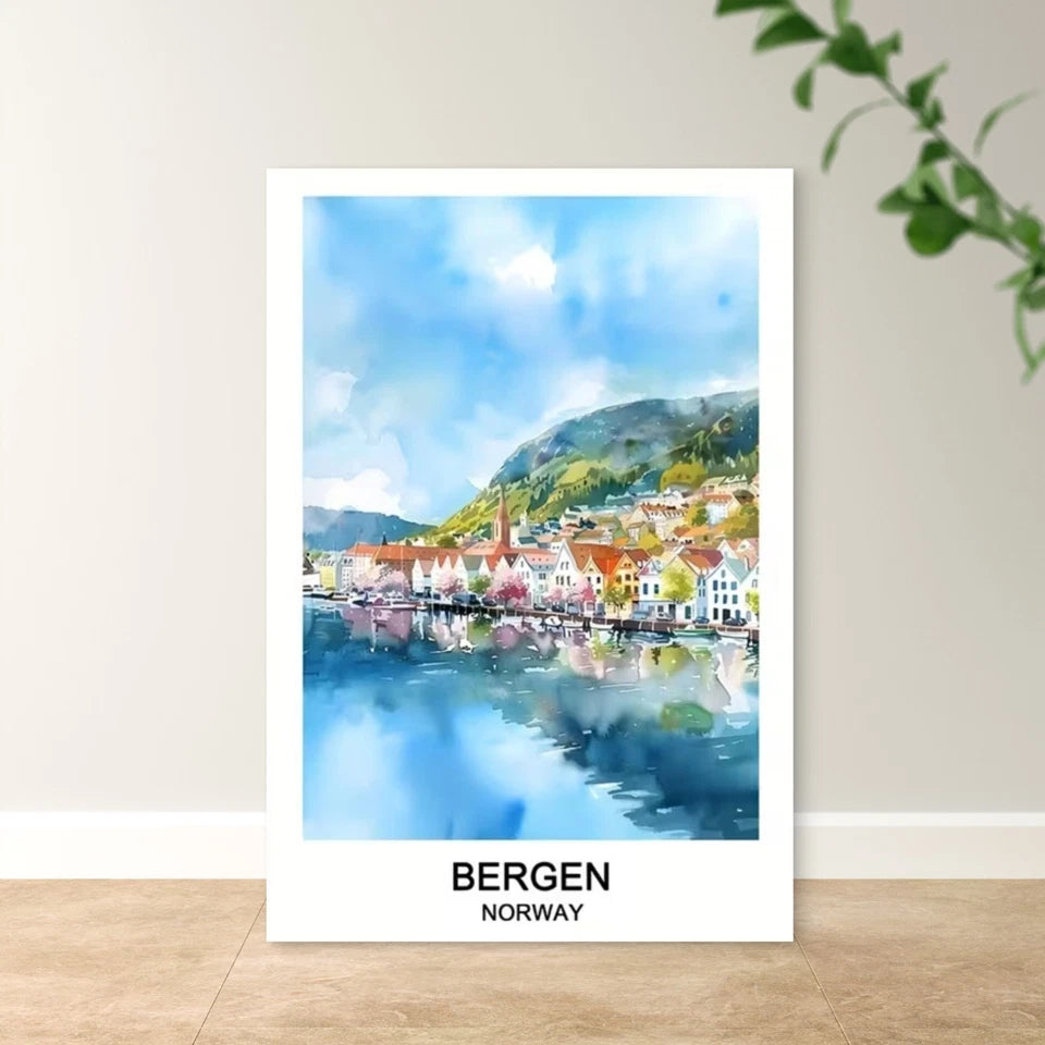 Bergen Norway Vibrant Fjord Landscape Travel Poster Print Wall Art