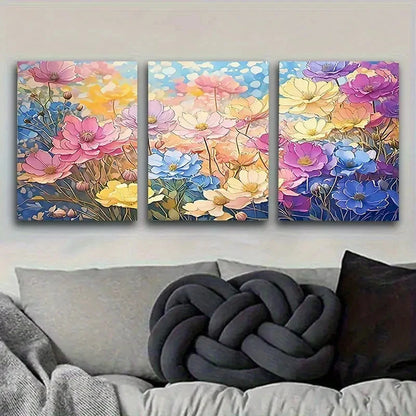 3pcs Vibrant Flower Field Panoramic Wall Art Set Canvas Framed 50x70cm - High Quality Print 100% Australian Made Wall Canvas Ready to Hang - Bella Home Decor