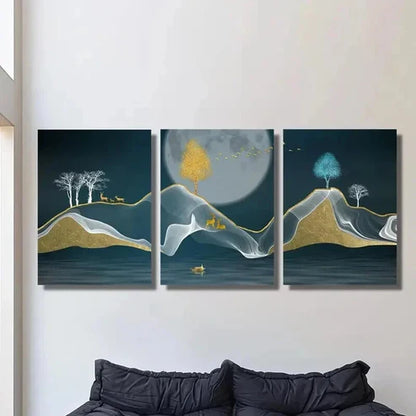 3pcs Night Sky Gold Deer Birds Elk And a Boat Wall Art Set Canvas Unframed - High Quality Print 100% Australian Made Wall Canvas