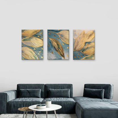 Gold and Blue Leaf Pattern Luxurious Wall Art Set Canvas Framed 40x60cm - High Quality Print 100% Australian Made Wall Canvas Ready to Hang