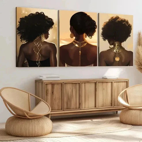 3pcs Modern Art Black Woman Portrait Boho Chic Wall Art Set Canvas Unframed - High Quality Print 100% Australian Made Wall Canvas
