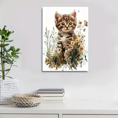 Adorable Tabby Kitten Cute Cat & Floral Painting 40x60cm Metal Print Ready to Hang