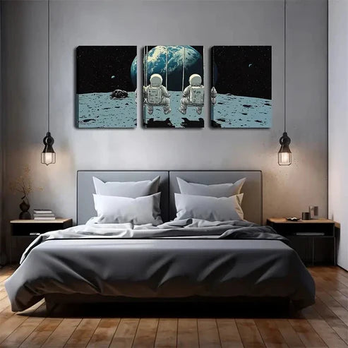 3pcs Astronauts on Moon with Earth View Wall Art Set Canvas Unframed - High Quality Print 100% Australian Made Wall Canvas - Bella Home Decor