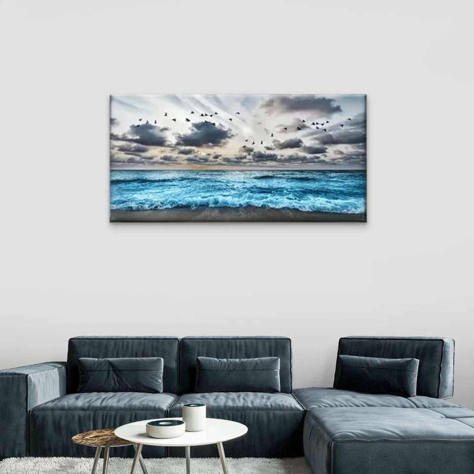 Blue Beach Birds Dark Sky Wall Art Canvas Office Home Room Framed 120x60cm