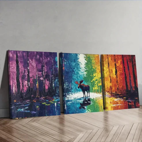 3pcs Moose in the Forest Nature Colorful Wall Art Set Canvas Unframed - High Quality Print 100% Australian Made Wall Canvas