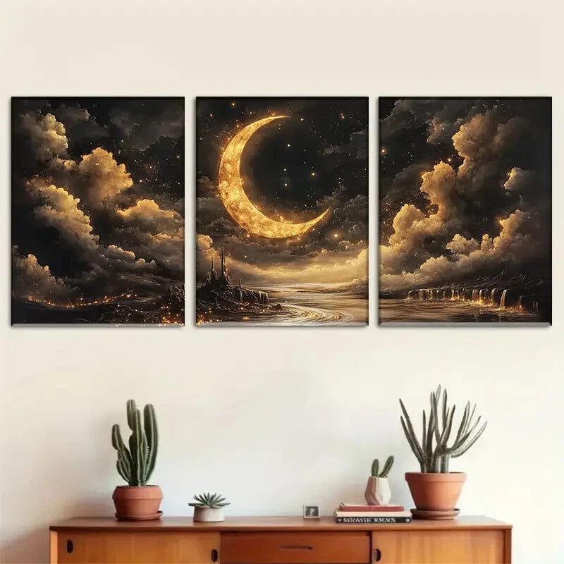 3pcs Mysterious Night Sky with Crescent Perfect Wall Art Set Canvas Framed 40x60cm - High Quality Print 100% Australian Made Wall Canvas Ready to Hang - Bella Home Decor