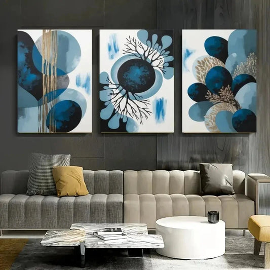 3pcs Abstract Shapes Blue color Style, Popular Wall Art Set Canvas Framed 60x90cm - High Quality Print 100% Australian Made Wall Canvas Ready to Hang