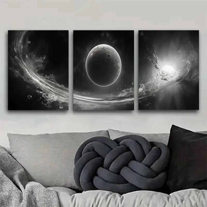 3pcs Abstract Celestial Wonders Black & White Metal Print Ready to Hang Art - Bella Home Decor