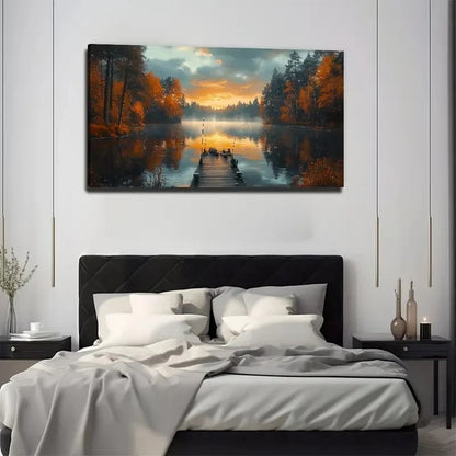 Sunset Dock Landscape Painting Wall Art Canvas Office Home Room Framed 120x60cm