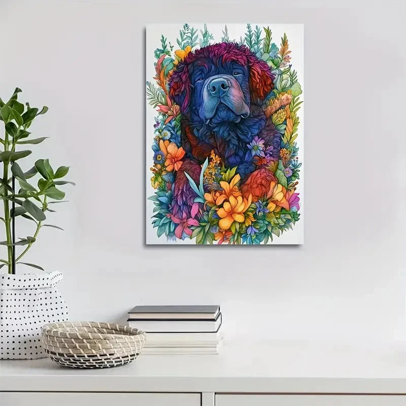 Cute Tibetan Mastiff Dog with Vibrant Floral  40x60cm Metal Print Ready to Hang - Bella Home Decor